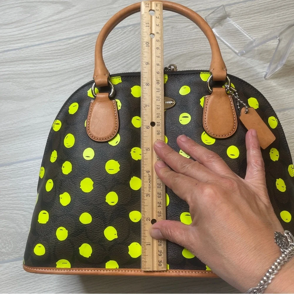 Coach Cora Dome Satchel Purse Signature Canvas Neon Yellow Dots w/Leather Trim - Picture 15 of 15